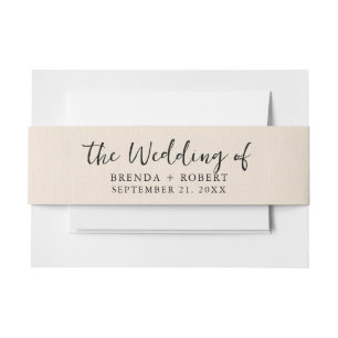 Minimalistic Beige Linen Texture Black Script Invitation Belly Band