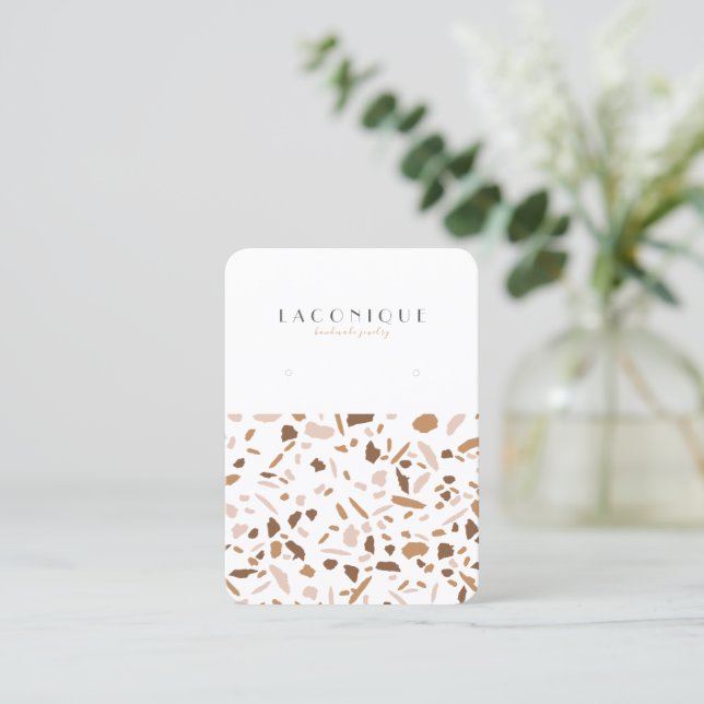 Minimalistic Beige Terrazzo Mosaic Jewellery Displ Business Card (Standing Front)