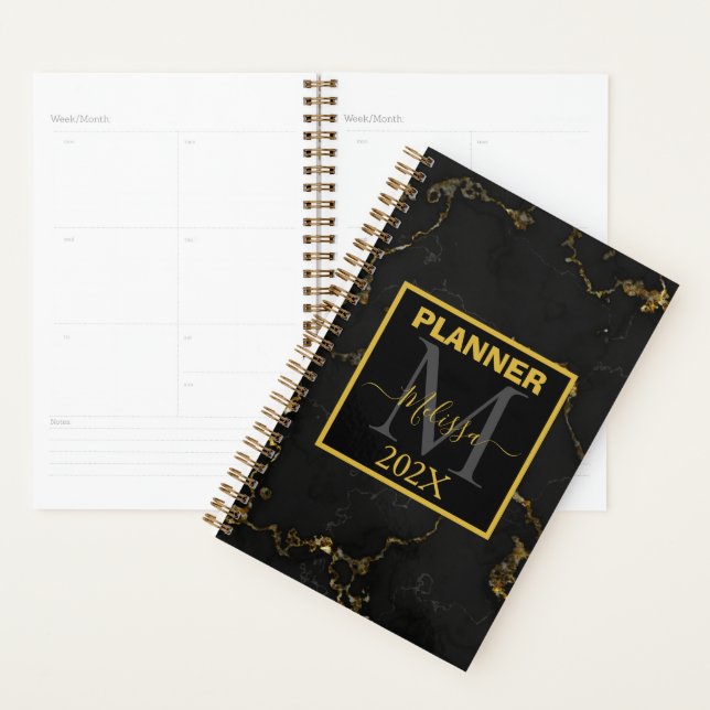Minimalistic Black and Gold Marbled Monogram Planner (Display)