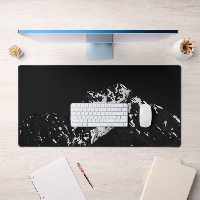 Minimalistic black and white snow covered mountain desk mat (Office 1)