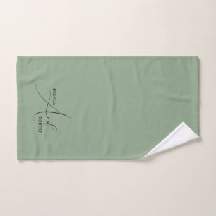 Minimalistic Black Calligraphy on Sage Green Bath Towel Set