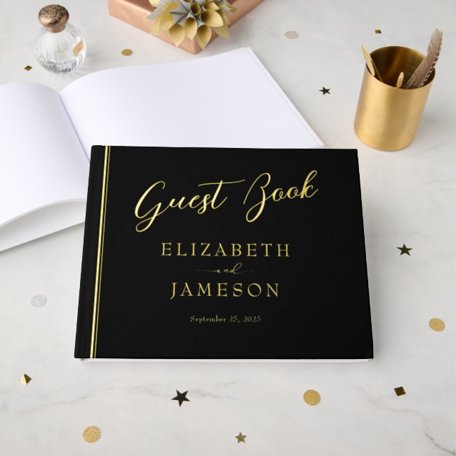 Minimalistic Black Gold Foil Wedding Guestbook (Front Open)