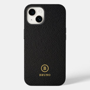 Minimalistic Black Leather Text Custom Monogram iPhone 14 Case