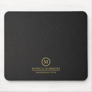 Minimalistic Black Leather Text Custom Monogram Mouse Mat