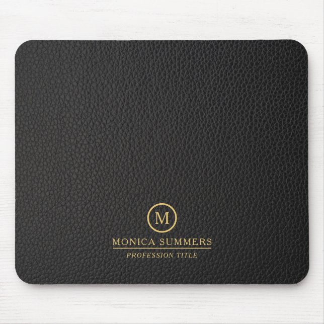 Minimalistic Black Leather Text Custom Monogram Mouse Mat (Front)