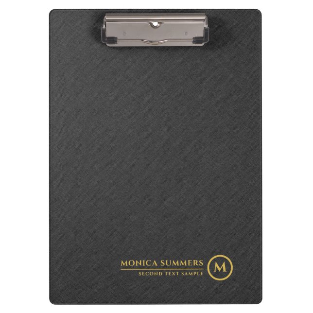 Minimalistic Black Linen Personalised Gold Text Clipboard (Front)