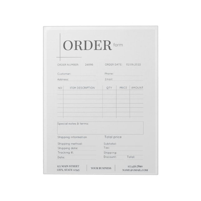 Minimalistic Black & White Business Order Form Notepad (Rotated)