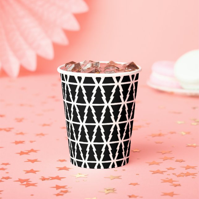 Minimalistic Black & White Christmas Tree Pattern Paper Cups (Insitu)