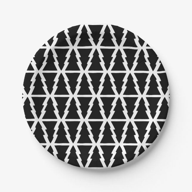 Minimalistic Black & White Christmas Tree Pattern Paper Plate (Front)