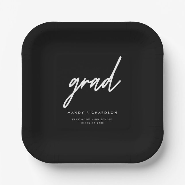 Minimalistic Black & White Custom Graduation Party Paper Plate (Front)