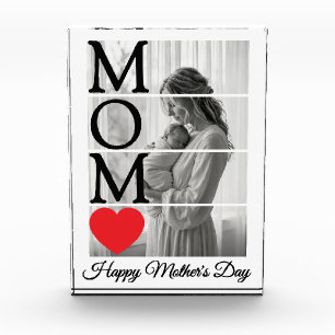 Minimalistic Black & White Custom Mum Red Heart Photo Block