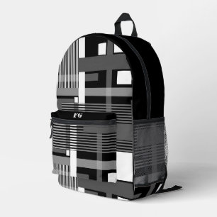 Minimalistic black white grey geometric patchwork  printed backpack