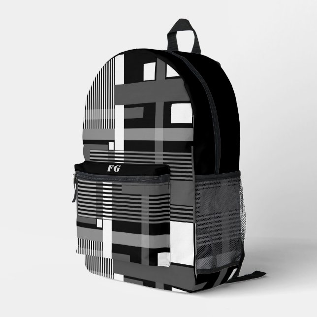 Minimalistic black white grey geometric patchwork  printed backpack (Back Corner Right)