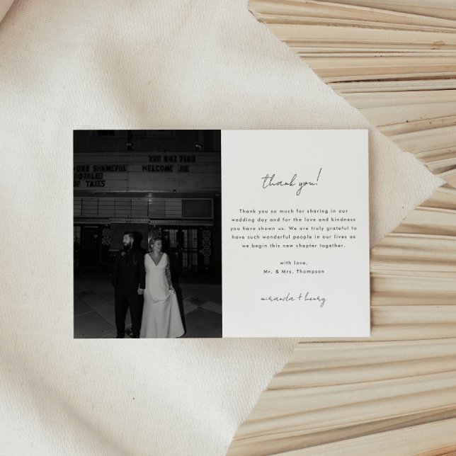 Minimalistic Black & White Script Wedding Photo Thank You Card (Creator Uploaded)