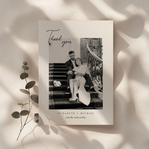 Minimalistic Black & White Script Wedding Photo Thank You Card