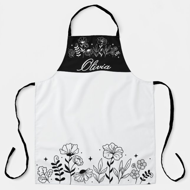 Minimalistic Black & White Wildflower Name Custom Apron (Front)