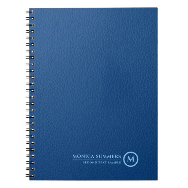 Minimalistic Blue Leather Text Custom Monogram Notebook (Front)