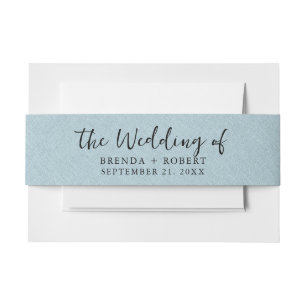 Minimalistic Blue Linen Texture Black Script Invitation Belly Band