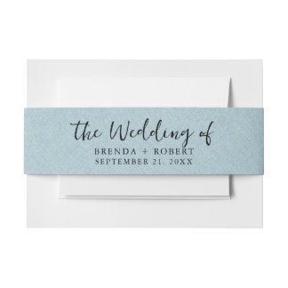 Minimalistic Blue Linen Texture Black Script Invitation Belly Band
