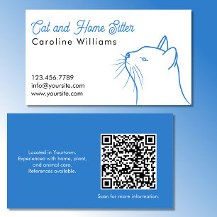 Minimalistic Blue White Cat Illustration QR code Business Card