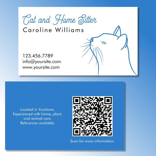 Minimalistic Blue White Cat Illustration QR code Business Card (Creator Uploaded)