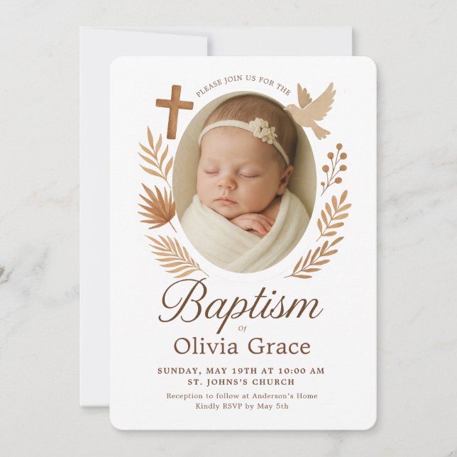 minimalistic boho white Baptism Invitation  (Front)