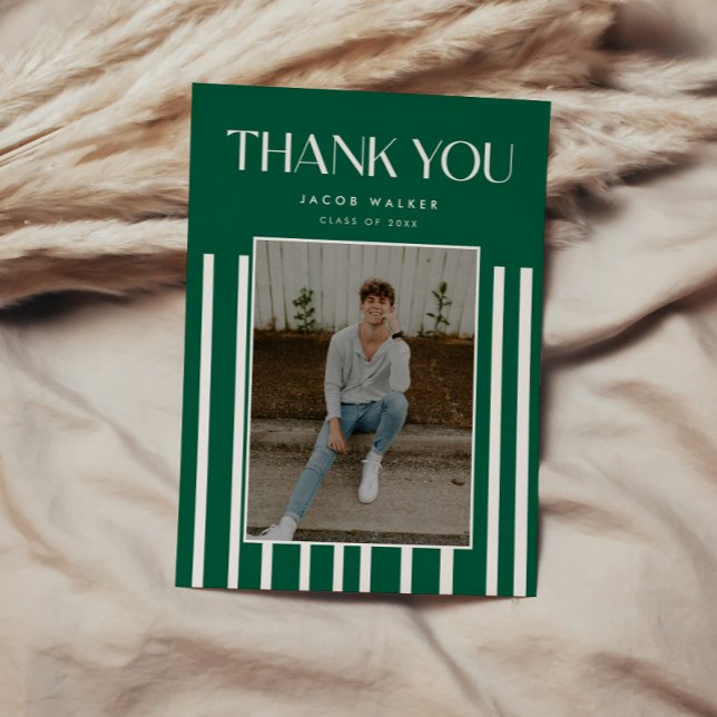 Minimalistic Bold Green Striped Graduation Photo Thank You Card (Creator Uploaded)