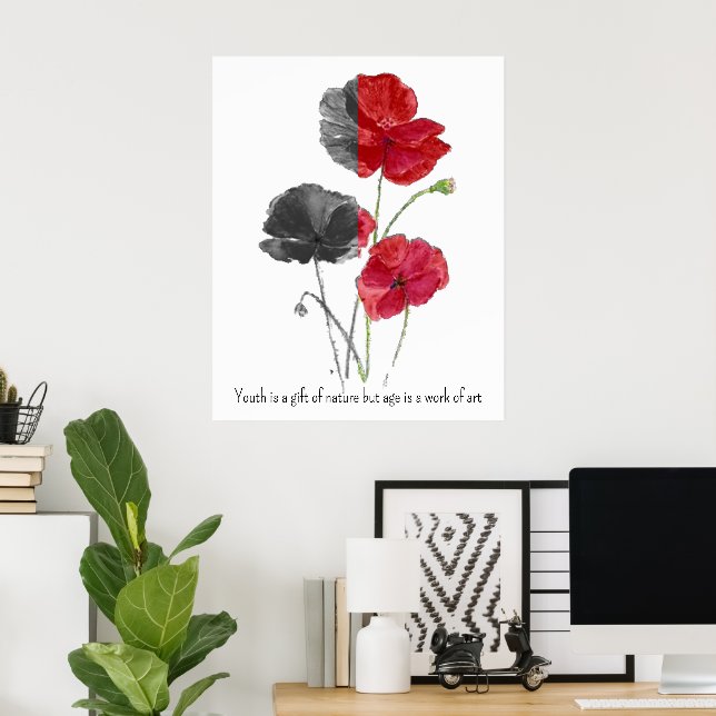 Minimalistic Botanical Poppy Flower Age Quote Poster (Home Office)