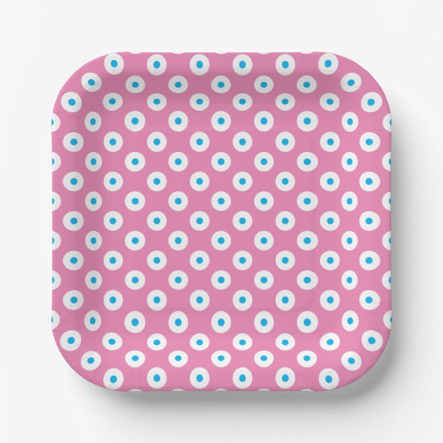 Minimalistic Bright Blue and White Dots on Pink Paper Plate (Front)