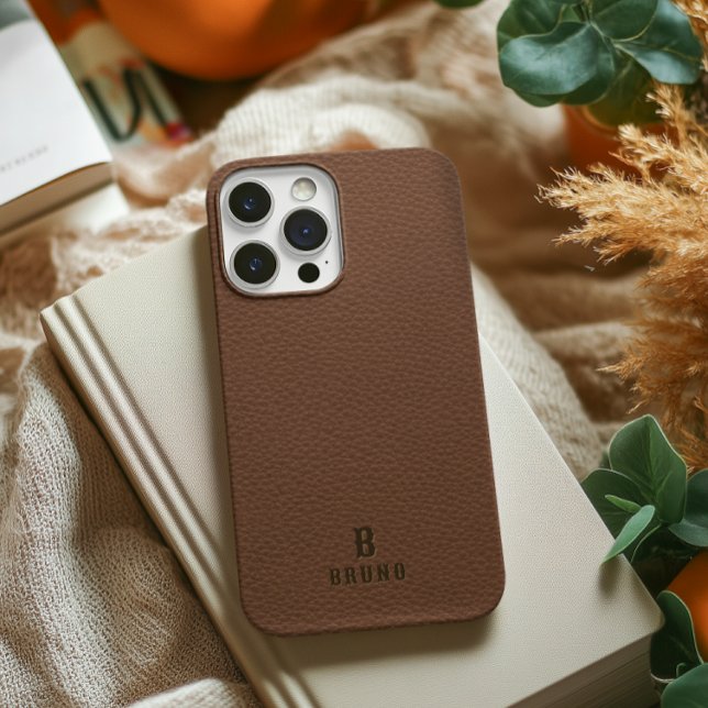 Minimalistic Brown Leather Text Custom Monogram Case-Mate iPhone Case (Creator Uploaded)