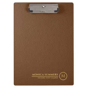 Minimalistic Brown Leather Text Custom Monogram Clipboard