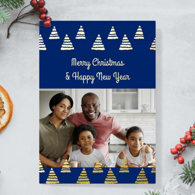 Minimalistic Christmas trees Photo Foil Holiday Card (Minimalistic custom Christmas trees foil card with your photo. Personalize it with image and text.)