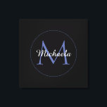 Minimalistic circle modern monogram initial name canvas print<br><div class="desc">Minimalistic blue circle modern monogram with blue initial and white name on black. Personalizable custom name with a serif initial behind on a black colour.</div>