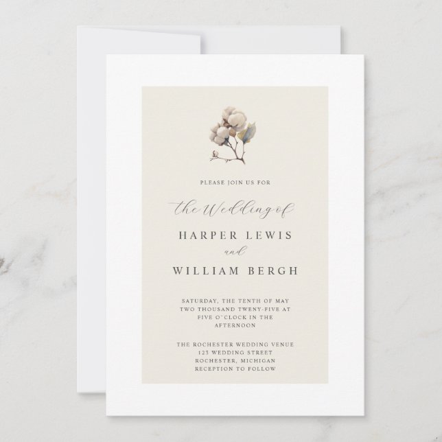minimalistic cotton branch wedding invitation (Front)
