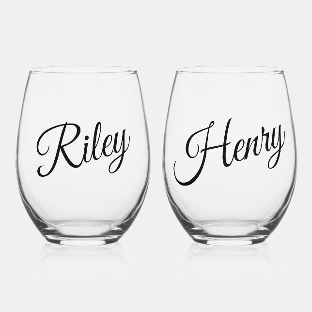 Minimalistic Custom Couple Names Script Stemless Wine Glass (Front)