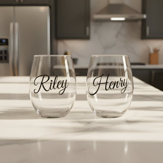 Minimalistic Custom Couple Names Script Stemless Wine Glass