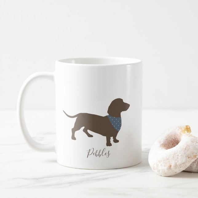 Minimalistic Dachshund Silhouette with dog's name Coffee Mug (With Donut)