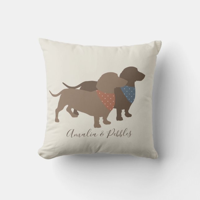 Minimalistic Dachshund Silhouettes and dogs' names Cushion (Front)