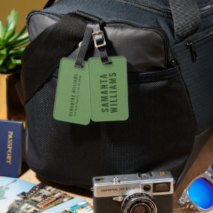 Minimalistic dark green typography on green linen luggage tag