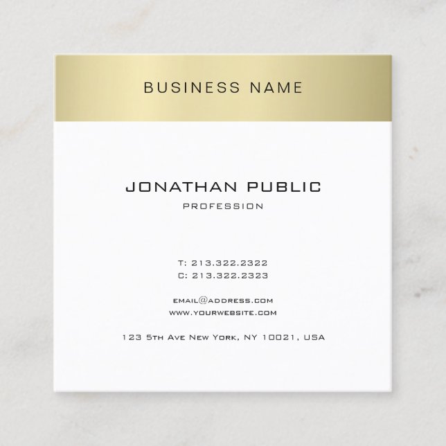 Minimalistic Elegant Sleek Design Gold Look Plain Square Business Card (Front)