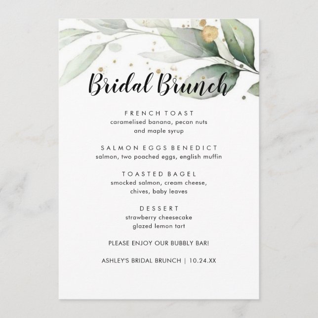 Minimalistic Eucalyptus Floral Bridal Brunch Menu (Front)