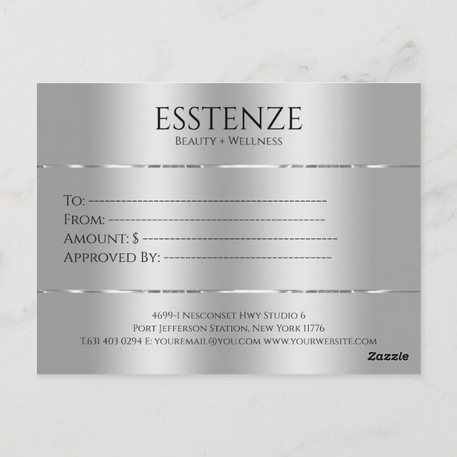 Minimalistic faux silver texture gift certificate postcard (Back)