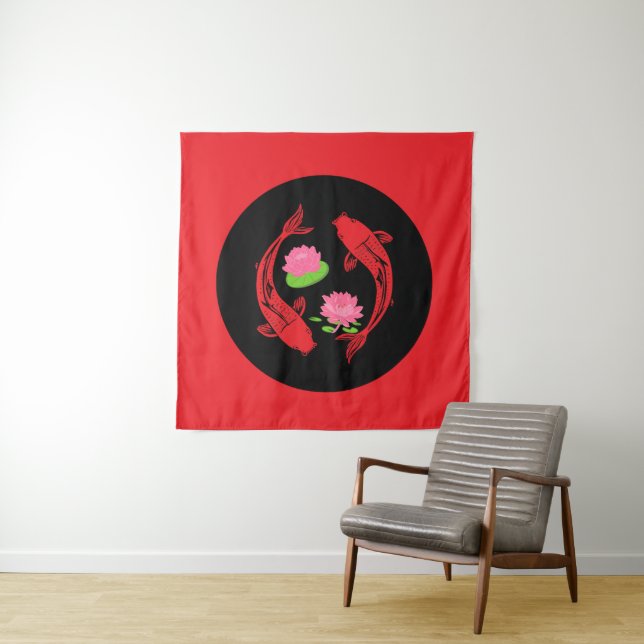Minimalistic Fish Koi Swirl With Water Lillies Tapestry (In Situ)