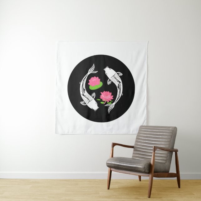 Minimalistic Fish Koi Swirl With Water Lillies Tapestry (In Situ)