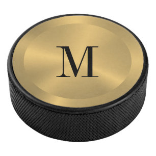 Minimalistic Gold Metallic Texture Monogram Hockey Puck