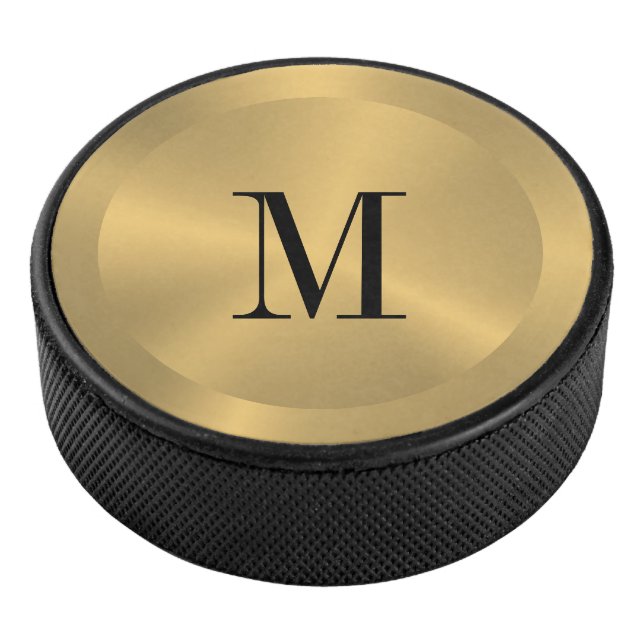 Minimalistic Gold Metallic Texture Monogram Hockey Puck (3/4)
