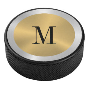 Minimalistic Gold & Silver Metallic Monogram Hockey Puck