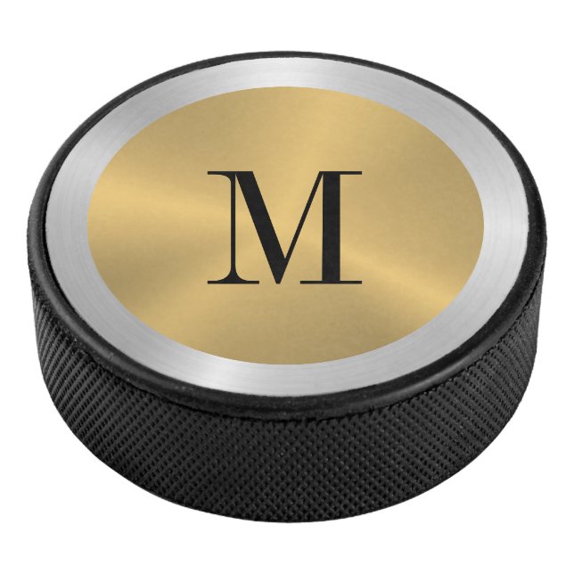 Minimalistic Gold & Silver Metallic Monogram Hockey Puck (3/4)