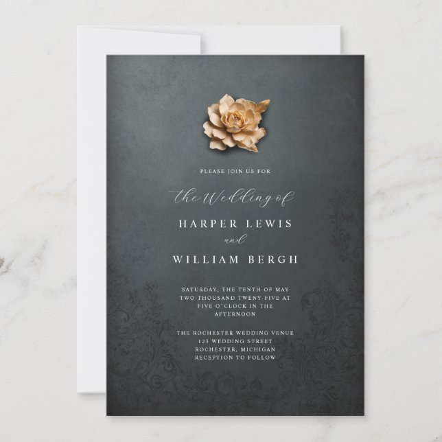 minimalistic golden rose wedding invitation (Front)