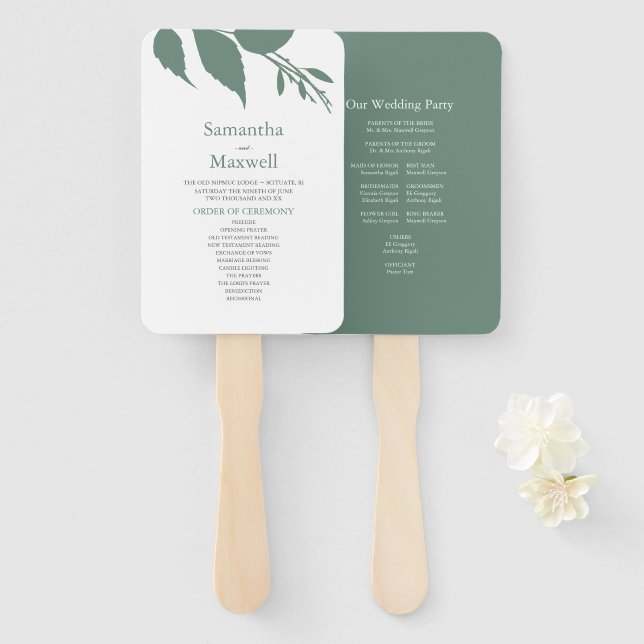 Minimalistic Green Leaves Wedding Hand Fan (Front and Back)